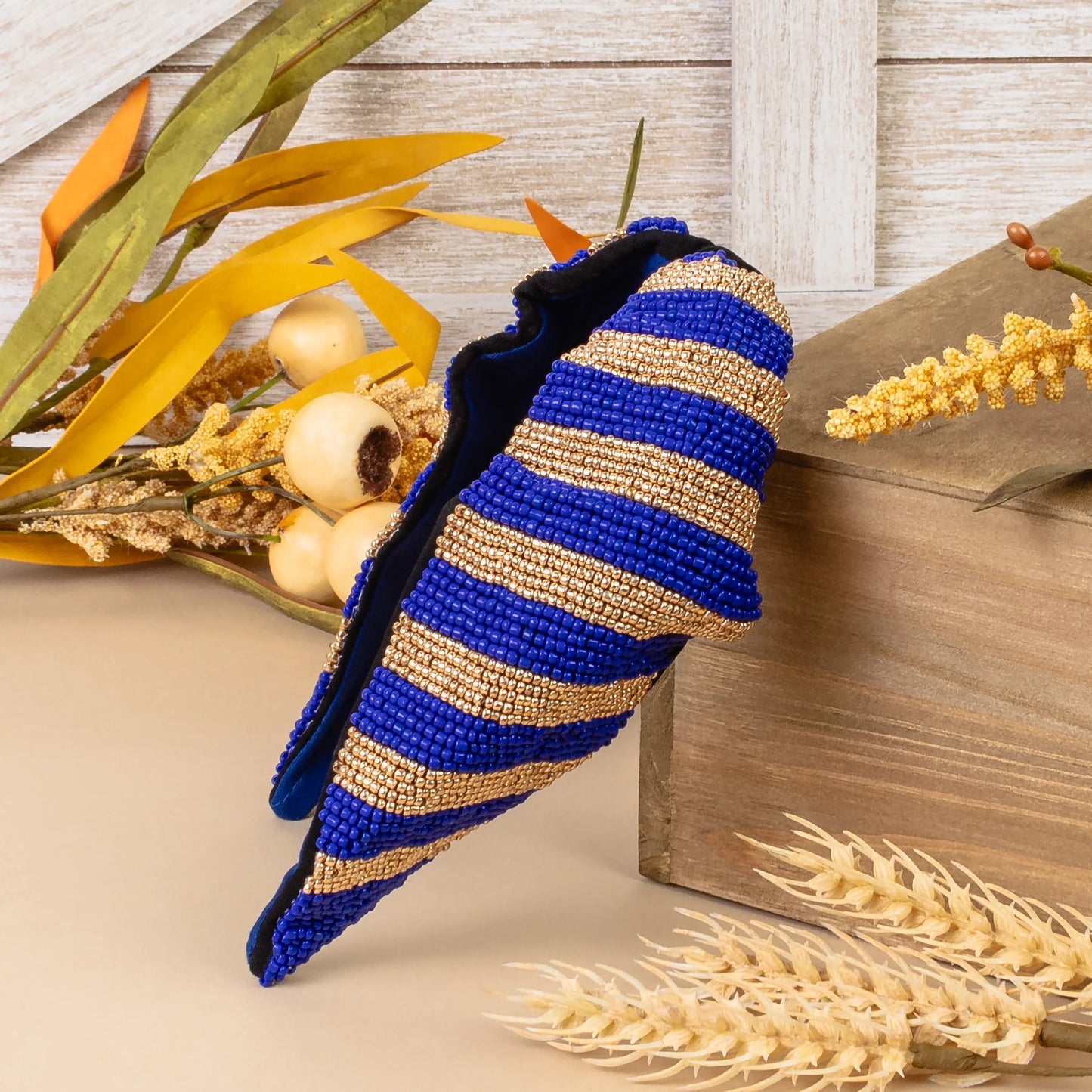 Beaded Striped Headband - Royal Blue