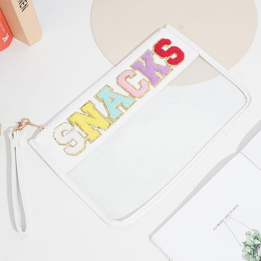 Chenille Patch 'SNACKS' Clear Faux Leather Wristlet