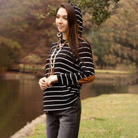 Sunshine & Redeo Striped Hoodie with Elbow Patches and Pockets - Black