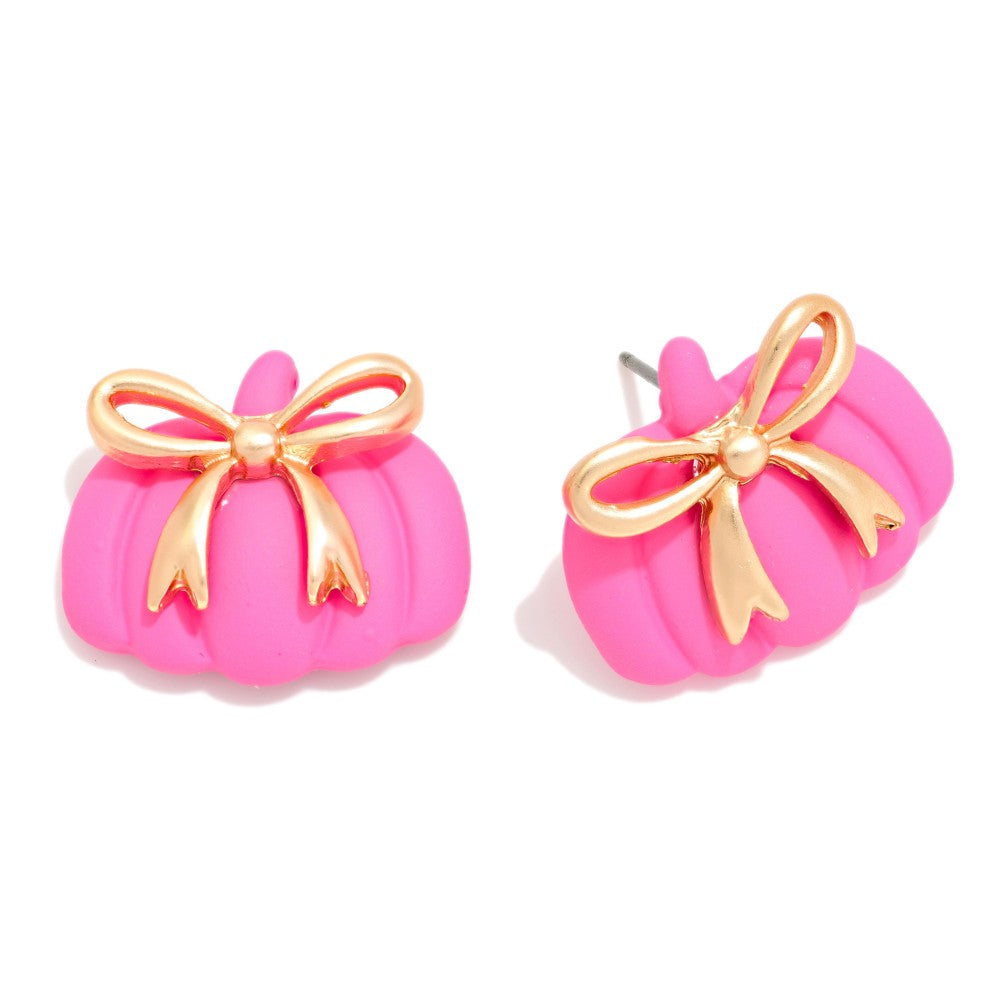 Polymer Clay Pumpkin & Metal Tone Bow Post Drop Earrings Pink
