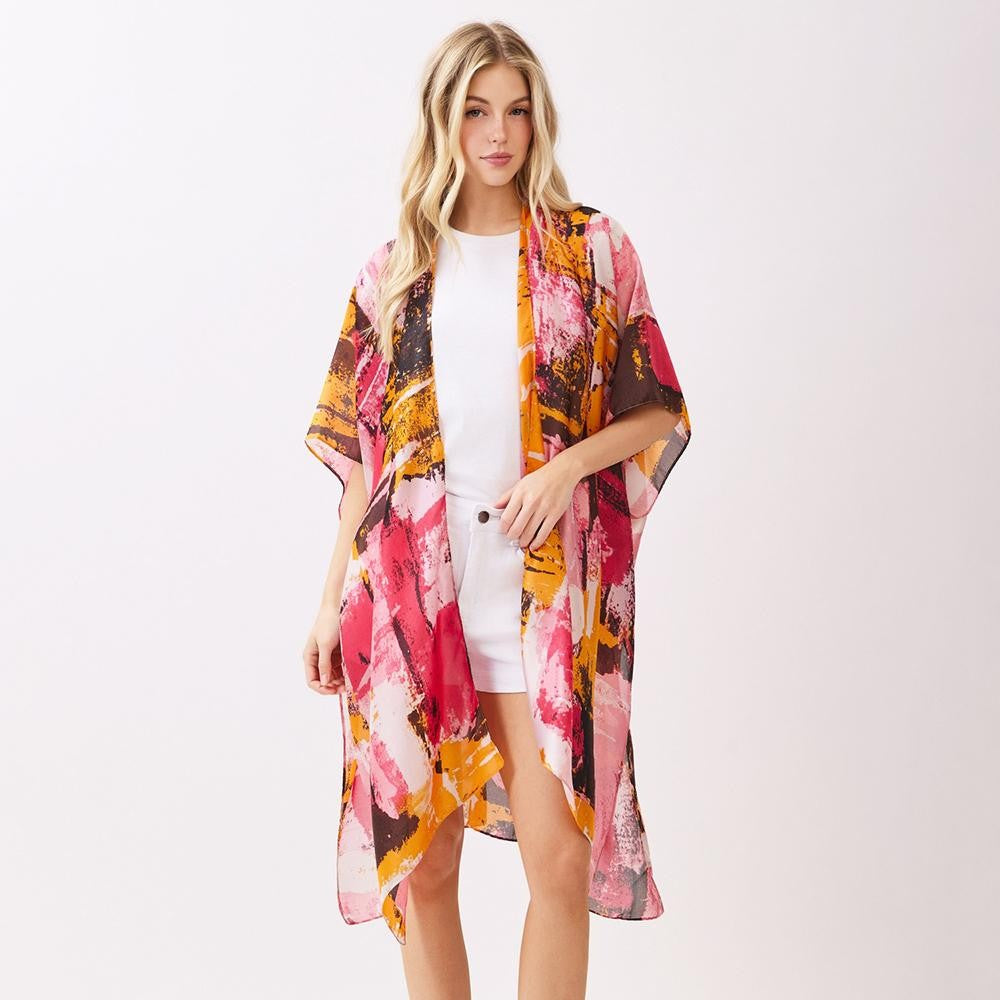 Abstract Modern Art-Inspired Print Kimono - Pink