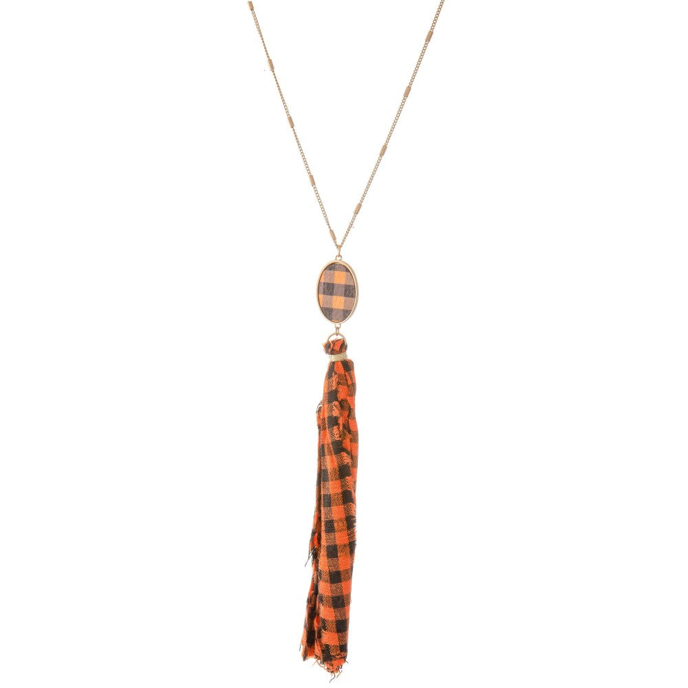 Buffalo Check Fabric Tassel Pendant Necklace