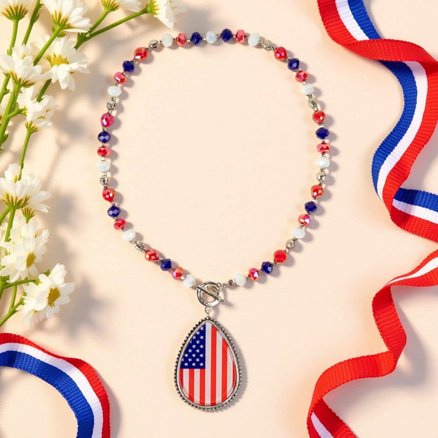 Fourth of July Pendant Necklace - Red White & Blue - 92302