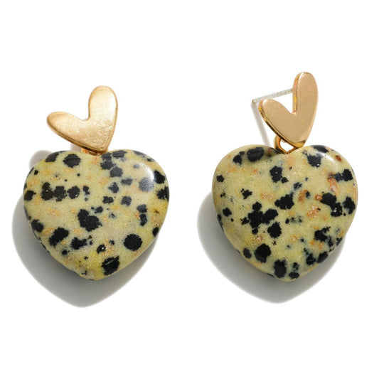 Natural Stone Heart Drop Earrings Featuring Gold Tone Accents