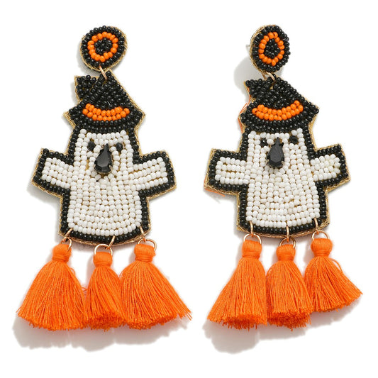 Seed Beaded Halloween Ghost Drop Earring With Tassel Detail