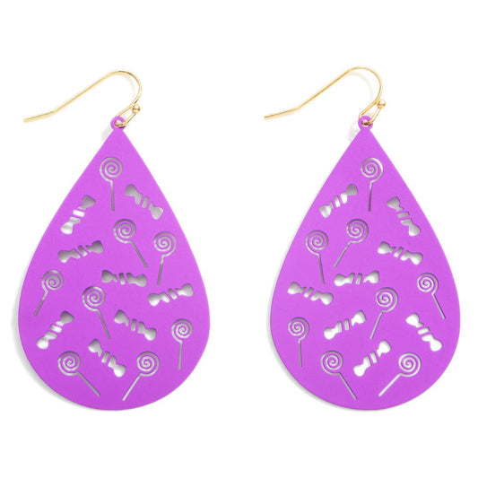 Halloween Metal Teardrop Earrings Featuring Candy Details - Purple