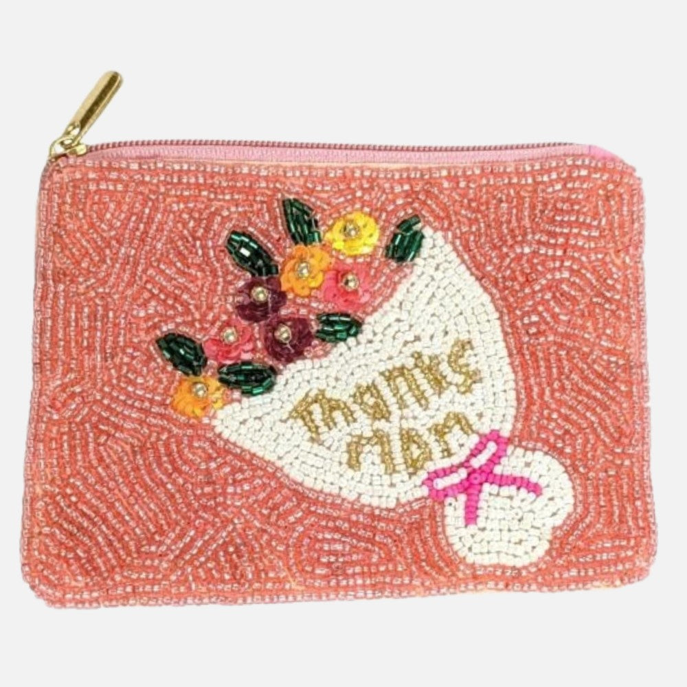Thanks Mom" & Bouquet Of Flowers Seed Beaded Canvas Pouch