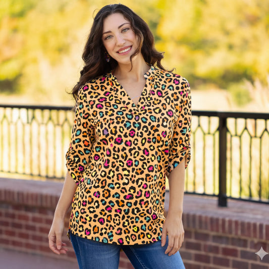 Multi Leopard Print 3/4 Sleeve V-Neck Top