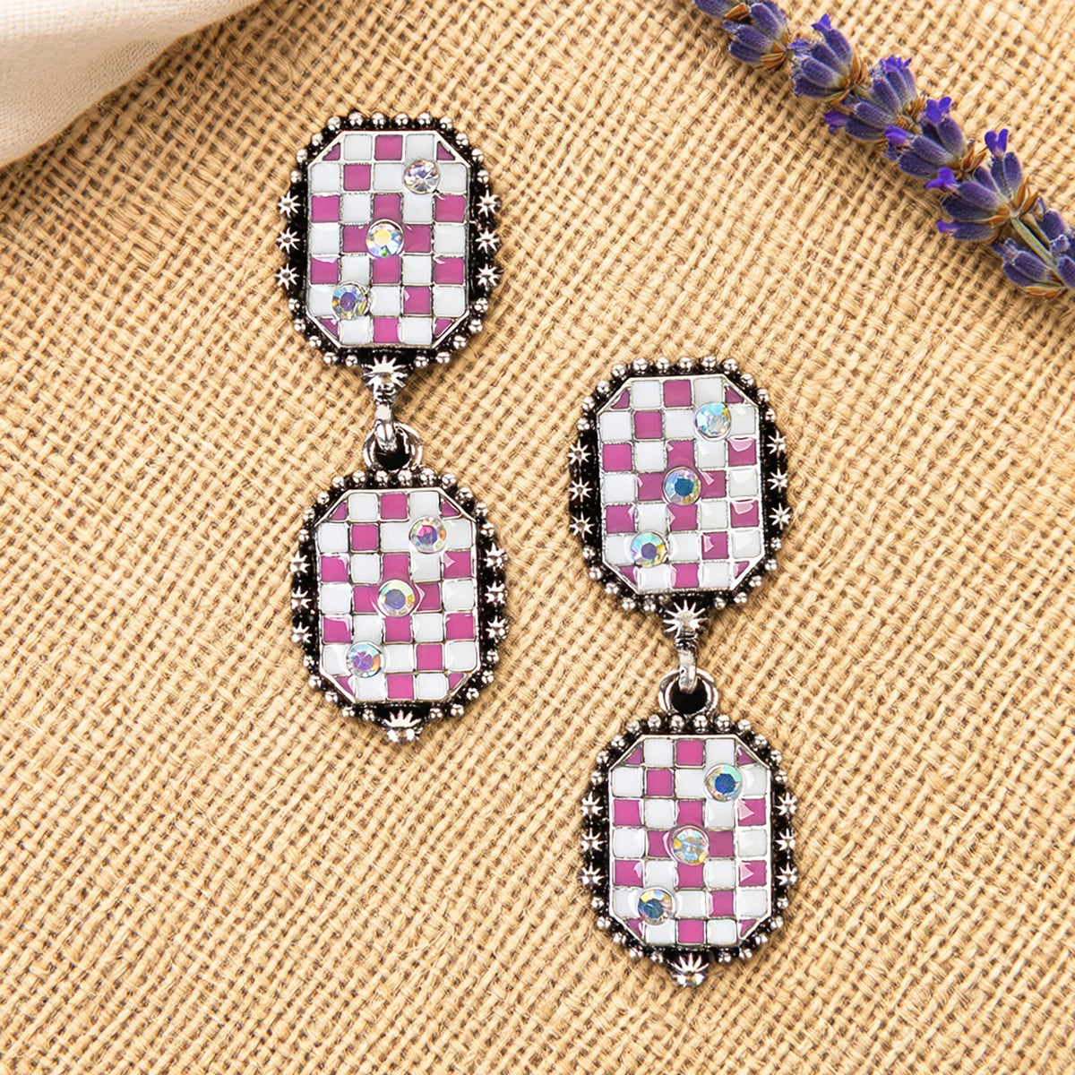 93662 - Checkered Earrings - Fuchsia
