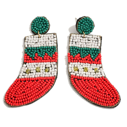 Seed Bead Christmas Stocking Drop Earrings.