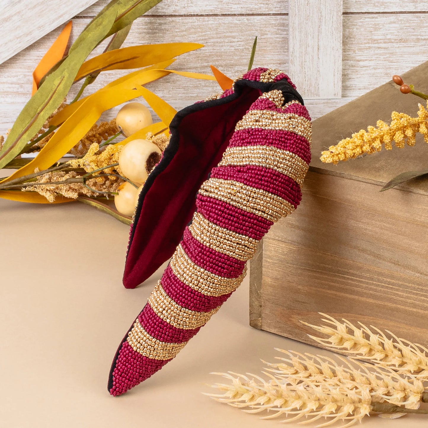 Beaded Striped Headband - Maroon