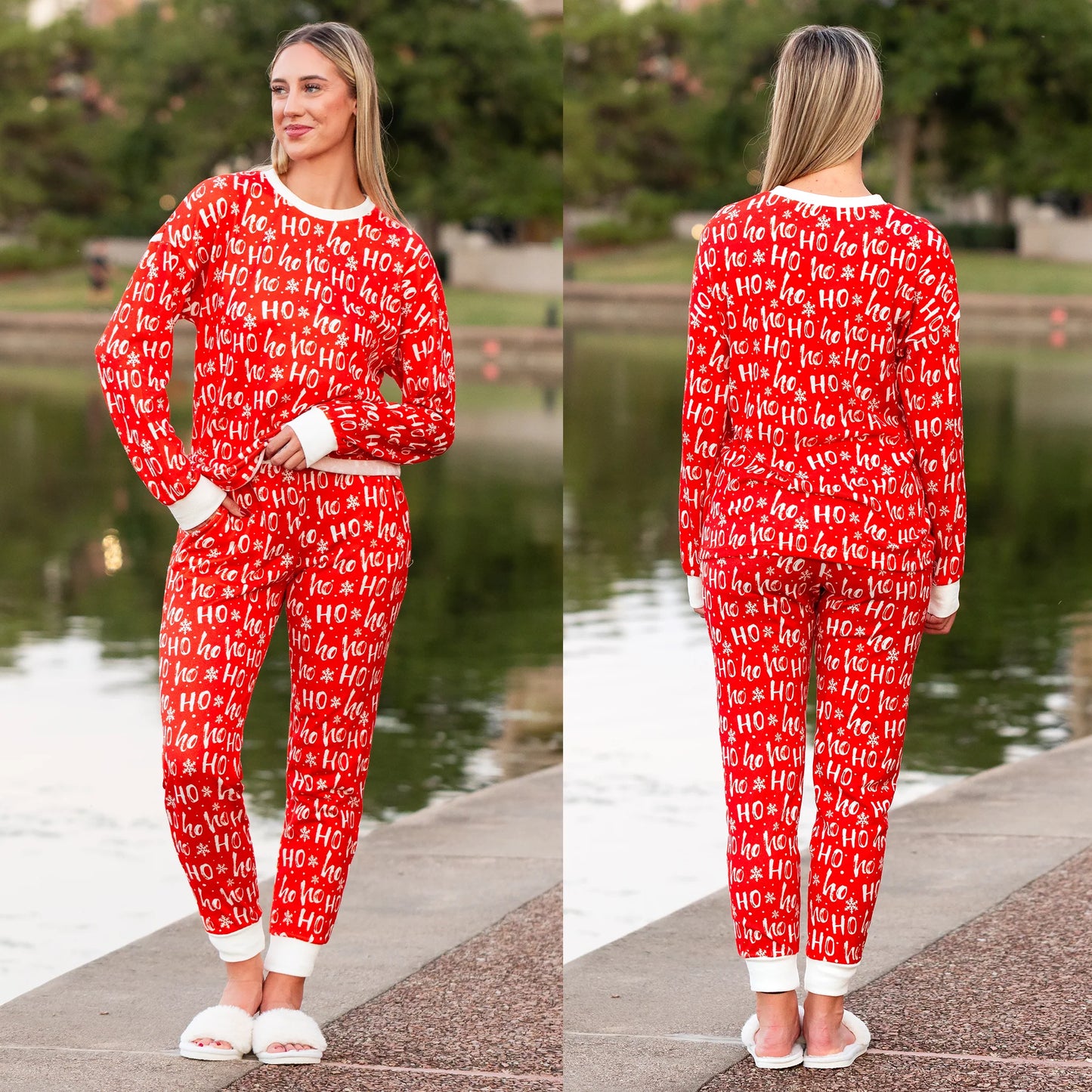 Sunshine & Redeo Christmas Print HO HO HO Pajama Set with Pockets