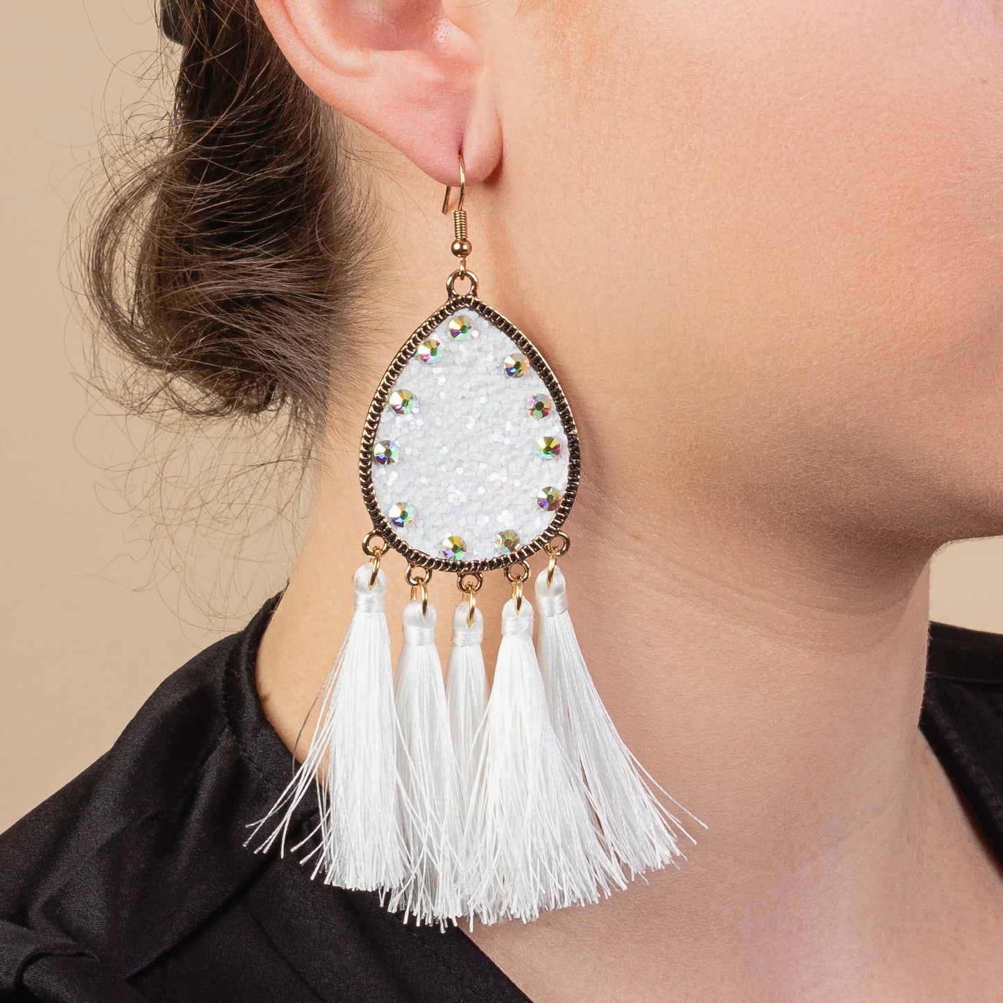 Glitter Tassel Earrings - White