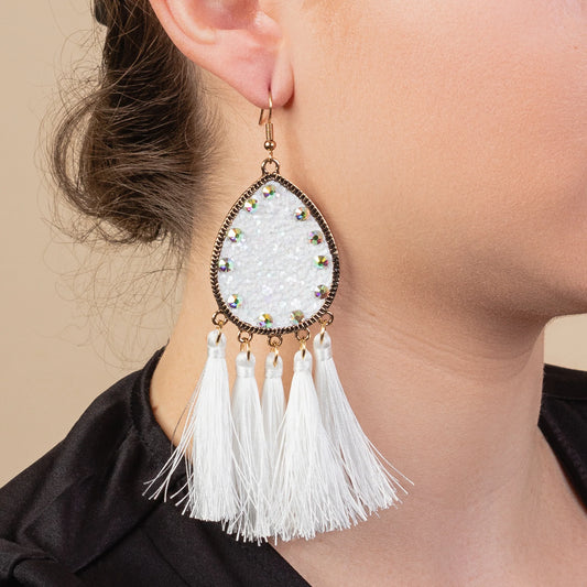 Glitter Tassel Earrings - White