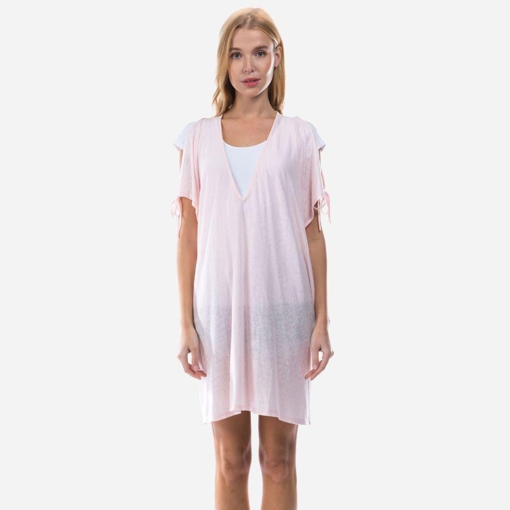Cold Shoulder V-Neck Knit Top Featuring Ties at the Bottom of the Sleeves Blush