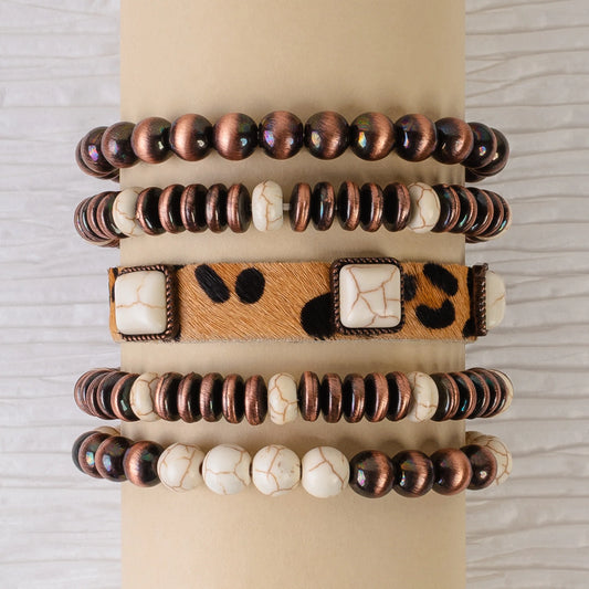 Turquoise Animal Print Stacked Bracelets - Ivory & Copper
