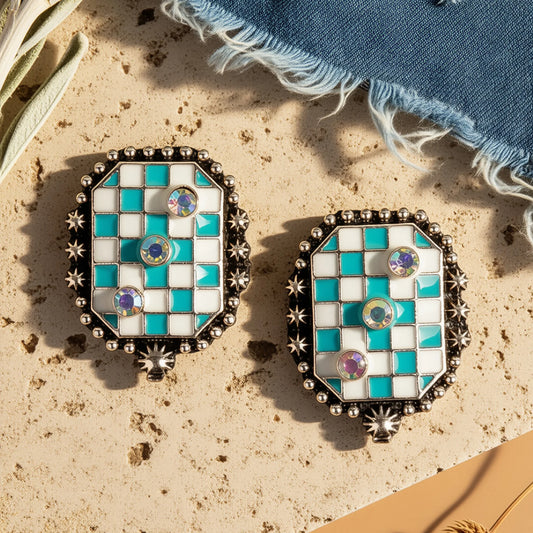 93661 - Checkered Stud Earrings - Turquoise & White