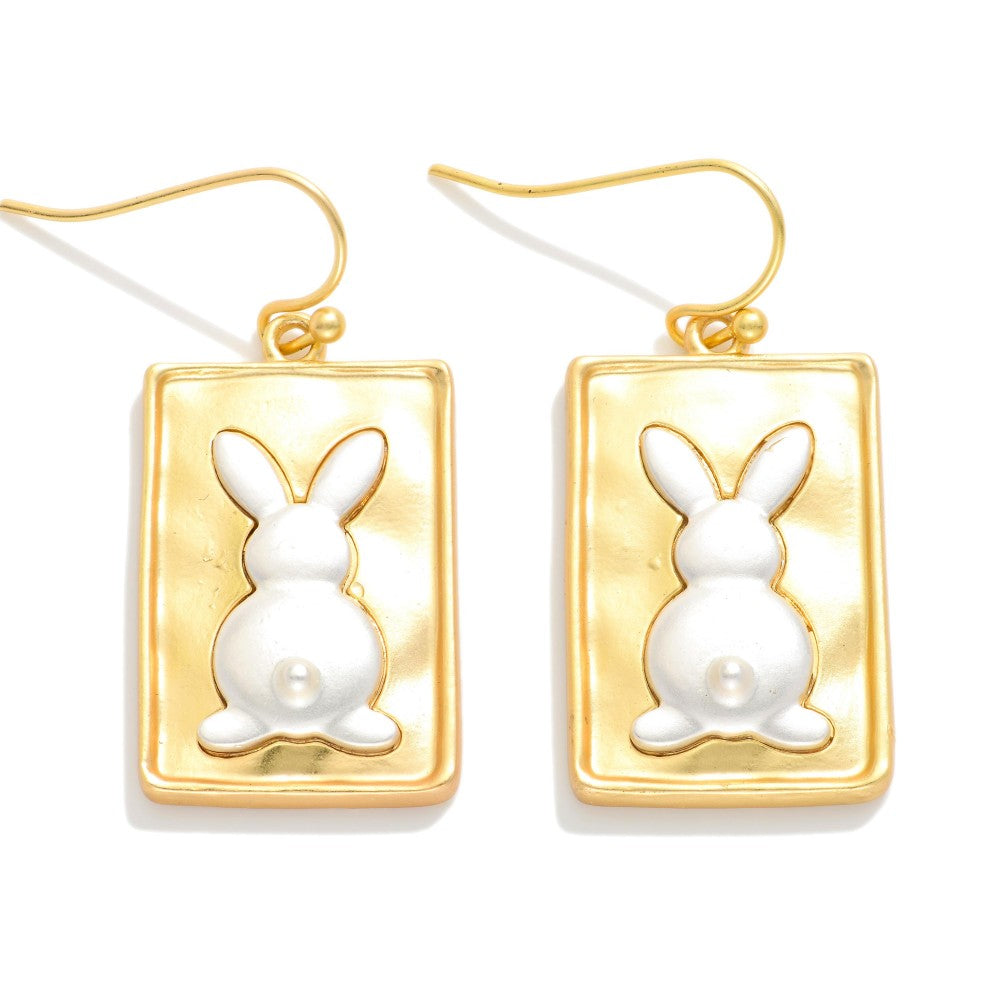 Hammered Metal Rectangle & Easter Bunny Post Drop Earring