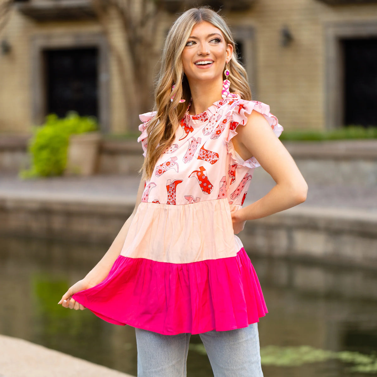 Sunshine & Redeo Western Color Block Ruffle Top