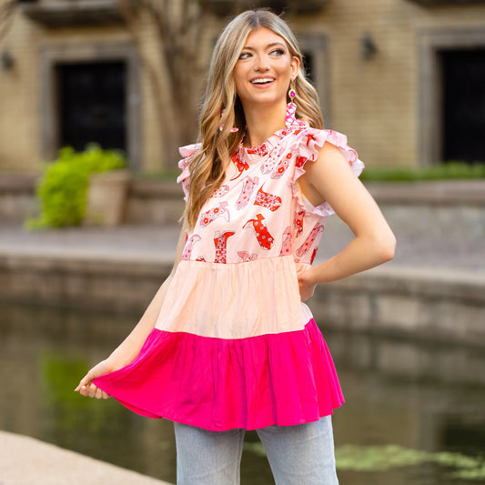 Sunshine & Redeo Western Color Block Ruffle Top