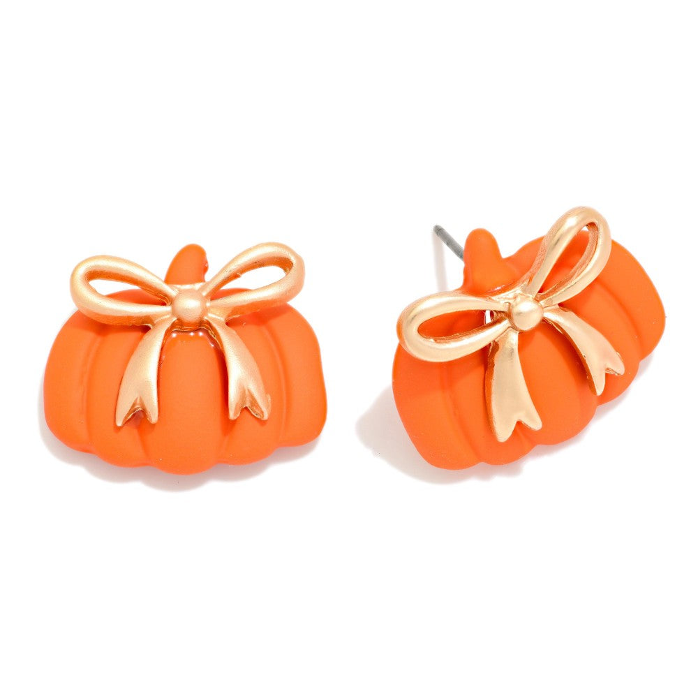 Polymer Clay Pumpkin & Metal Tone Bow Post Drop Earrings