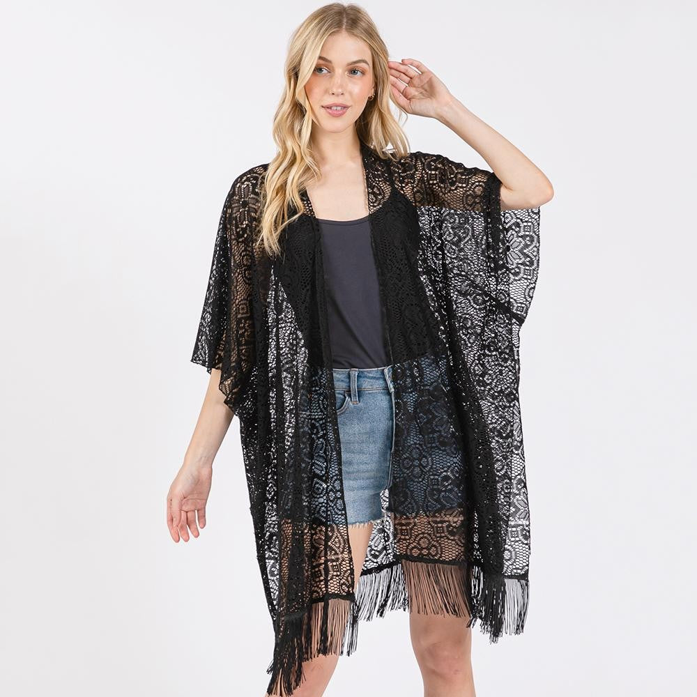 Flower Pattern Crochet Lace Kimono With Fringe Details - Black