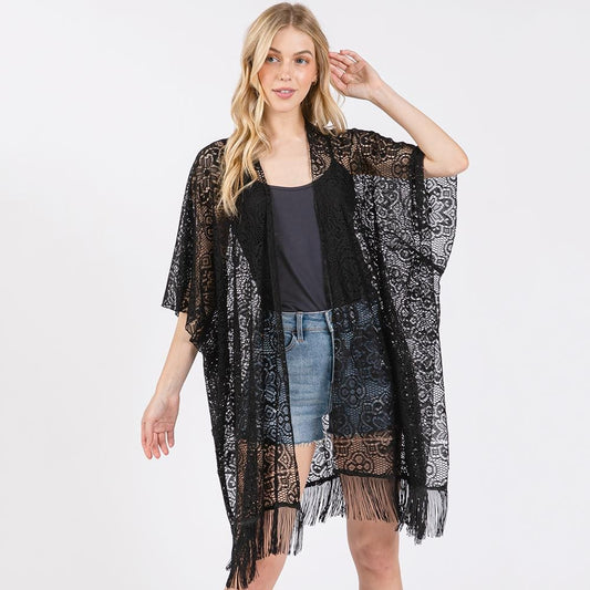 Flower Pattern Crochet Lace Kimono With Fringe Details - Black