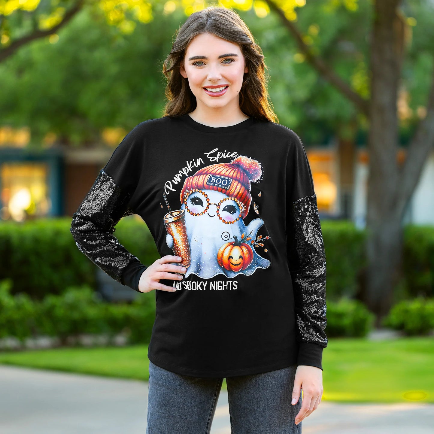 Sunshine & Rodeo Pumpkin Spice & Spooky Nights Halloween Sequin Long Sleeve Top