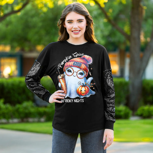 Sunshine & Rodeo Pumpkin Spice & Spooky Nights Halloween Sequin Long Sleeve Top