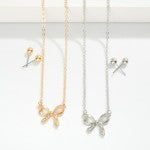 Chain Link Necklace Featuring Metal Tone & Rhinestone Bow Pendant