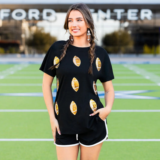 Sunshine & Redeo Sequin Football Half Sleeve Top - Black