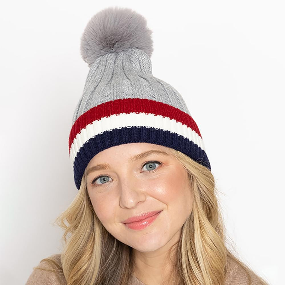 Do Everything In Love Faux Fur Pom Knit Beanie Featuring Stripes - Gray