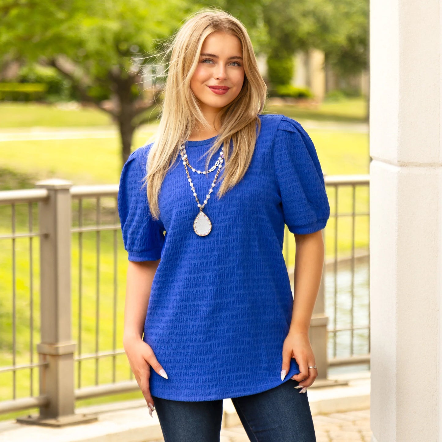 Solid Top with Puffed Sleeves - Royal Blue
