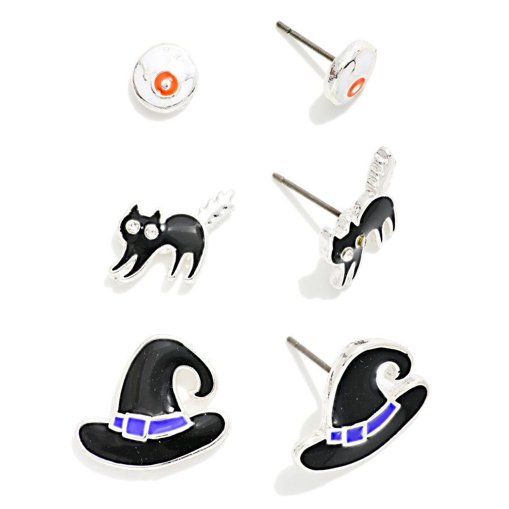 Set Of Three Enamel Halloween Stud Earrings - Witch Hat