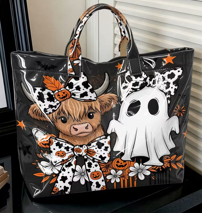 Glossy PVC Highland Cow & Ghost Tote Bag