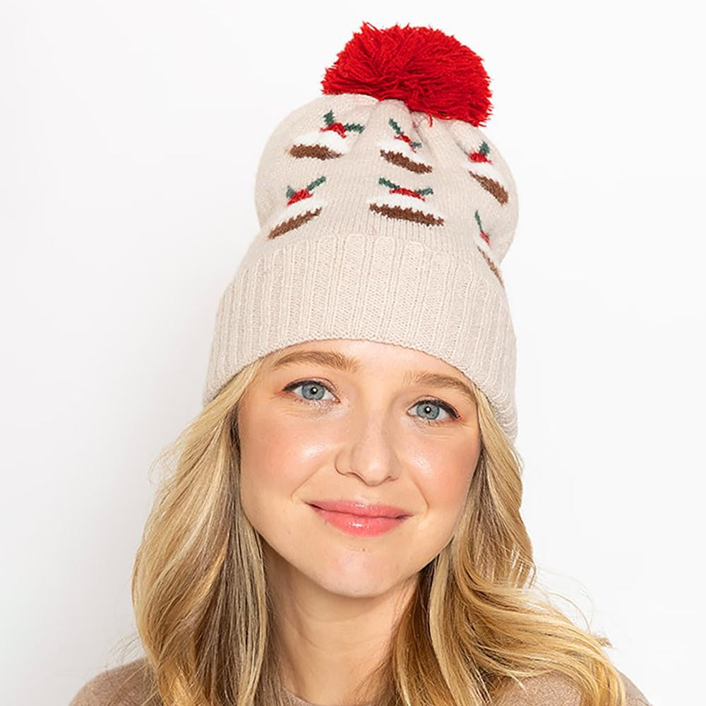 Knit Christmas Cupcake Beanie With Pom Beige