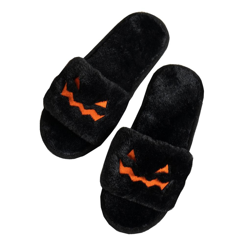 Faux Fur Open Toe Jack-O'- Lantern Face Slippers Black