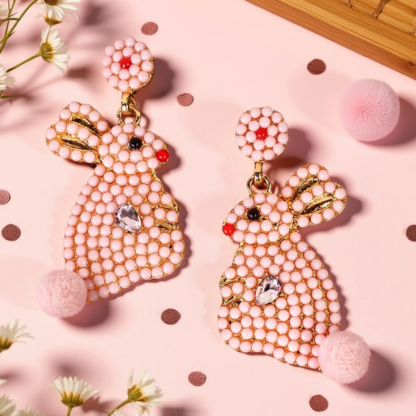 Beaded Easter Bunny Earrings - Pink