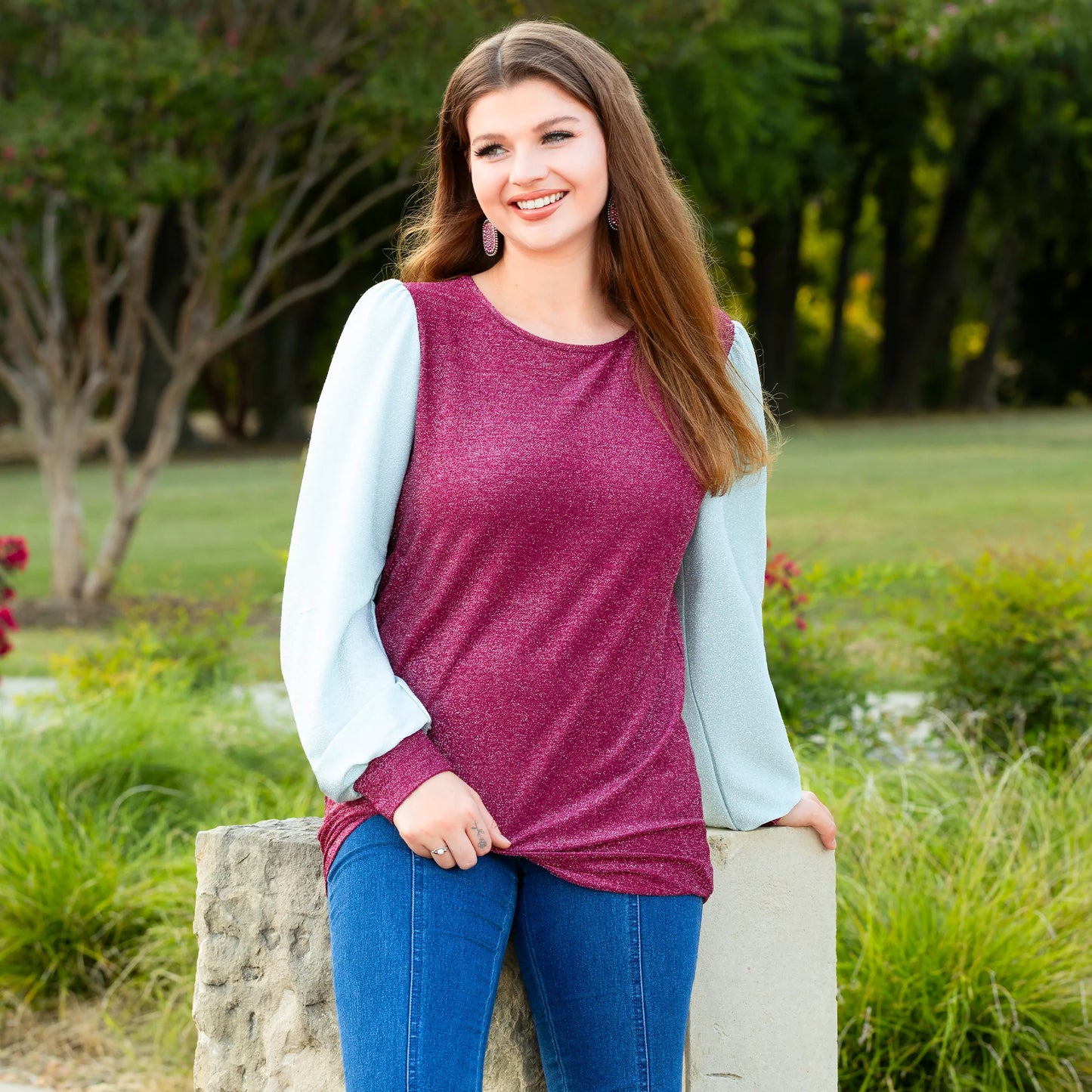 Shimmer Fabric Color Block Long Sleeve Top