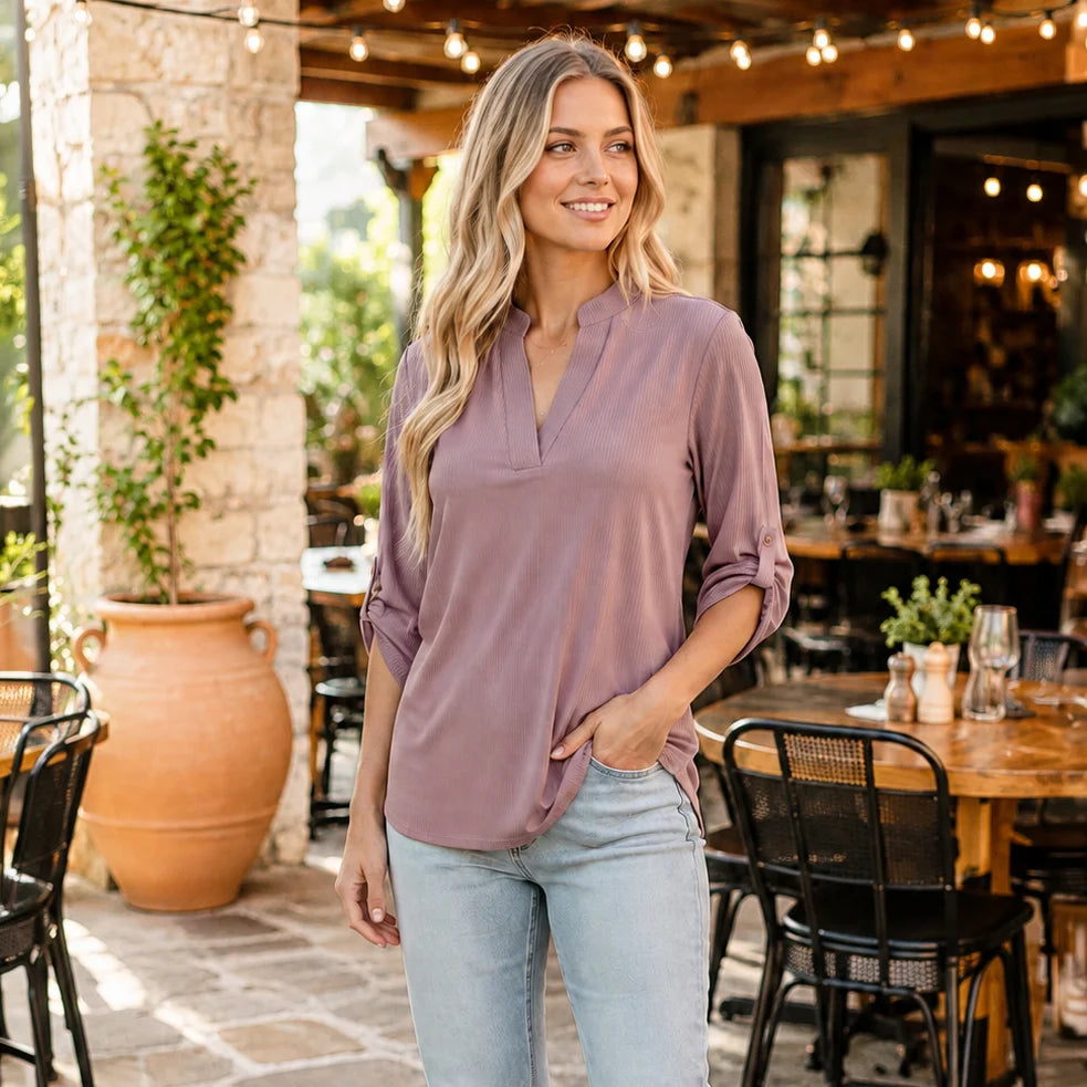Sunshine & Rodeo Pink Ribbed 3/4 Sleeve V-Neck Top