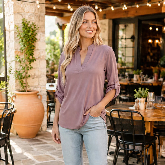 Sunshine & Rodeo Pink Ribbed 3/4 Sleeve V-Neck Top
