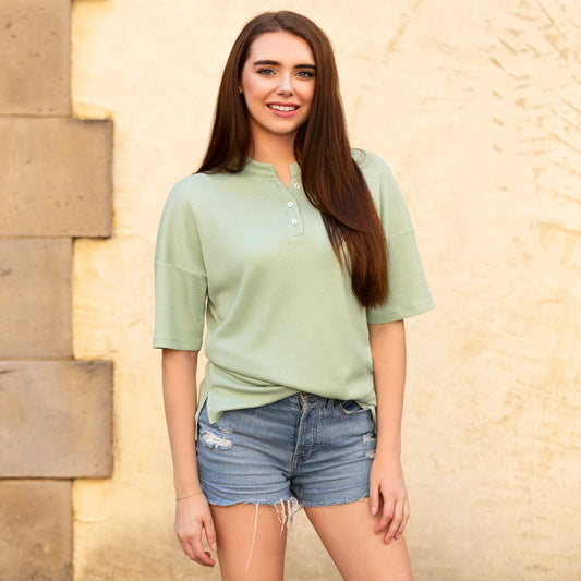 Sunshine & Rodeo Solid Buttoned Short Sleeve Top with Slits - Pistachio