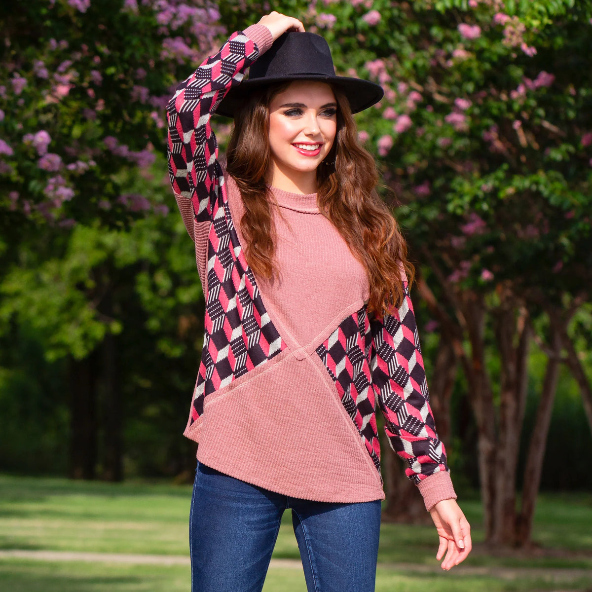 Sunshine & Redeo Geometric Print Long Sleeve Top