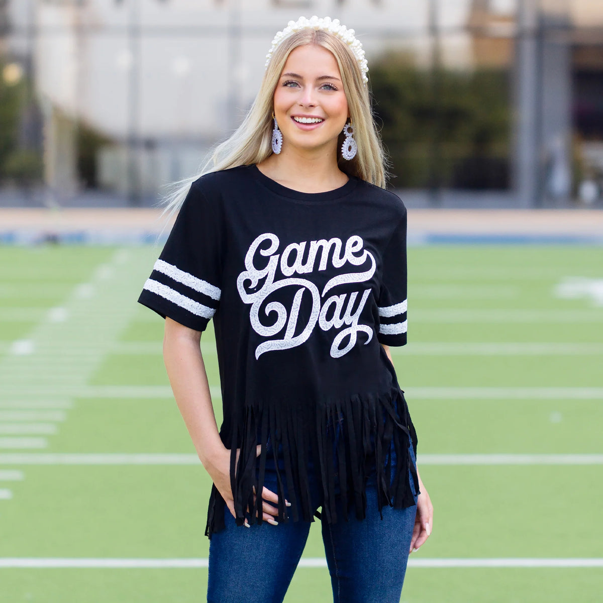 Sunshine & Redeo Game Day Half Sleeve Top with Sequin & Fringe - Black