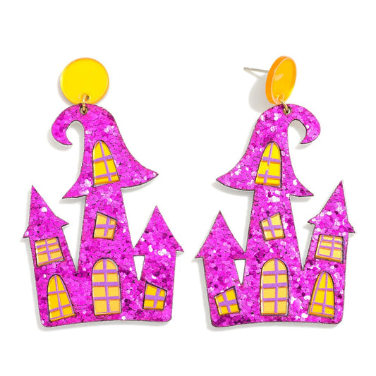 $13 Doorbuster - Glitter Acetate Spooky House Drop Earrings