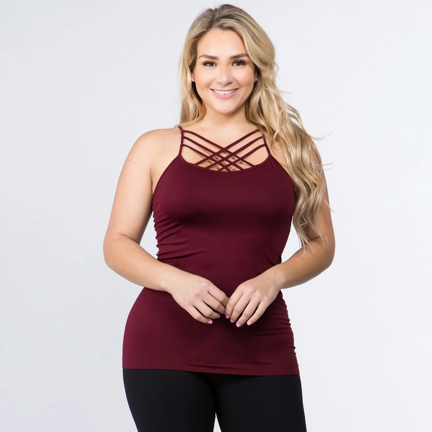 Cami Seamless Triple Criss - Cross Front Cami - Burgundy