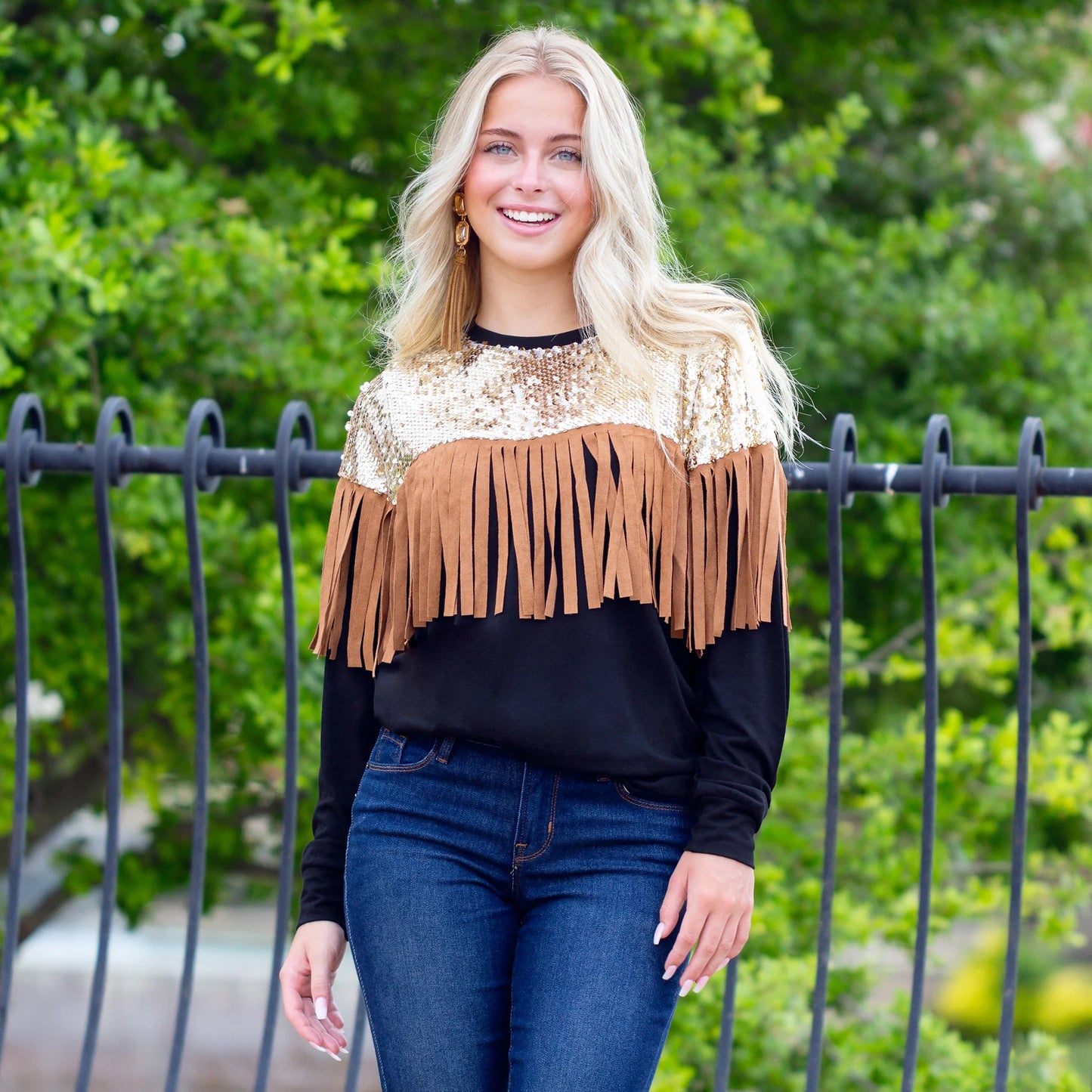 Sunshine & Redeo Sequin & Fringe Long Sleeve Top