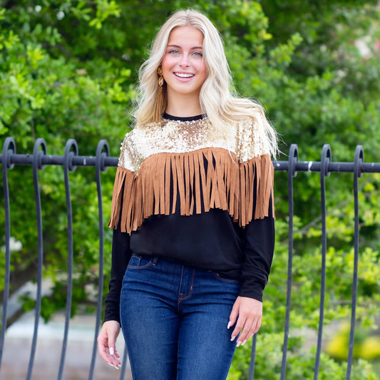 Sunshine & Redeo Sequin & Fringe Long Sleeve Top
