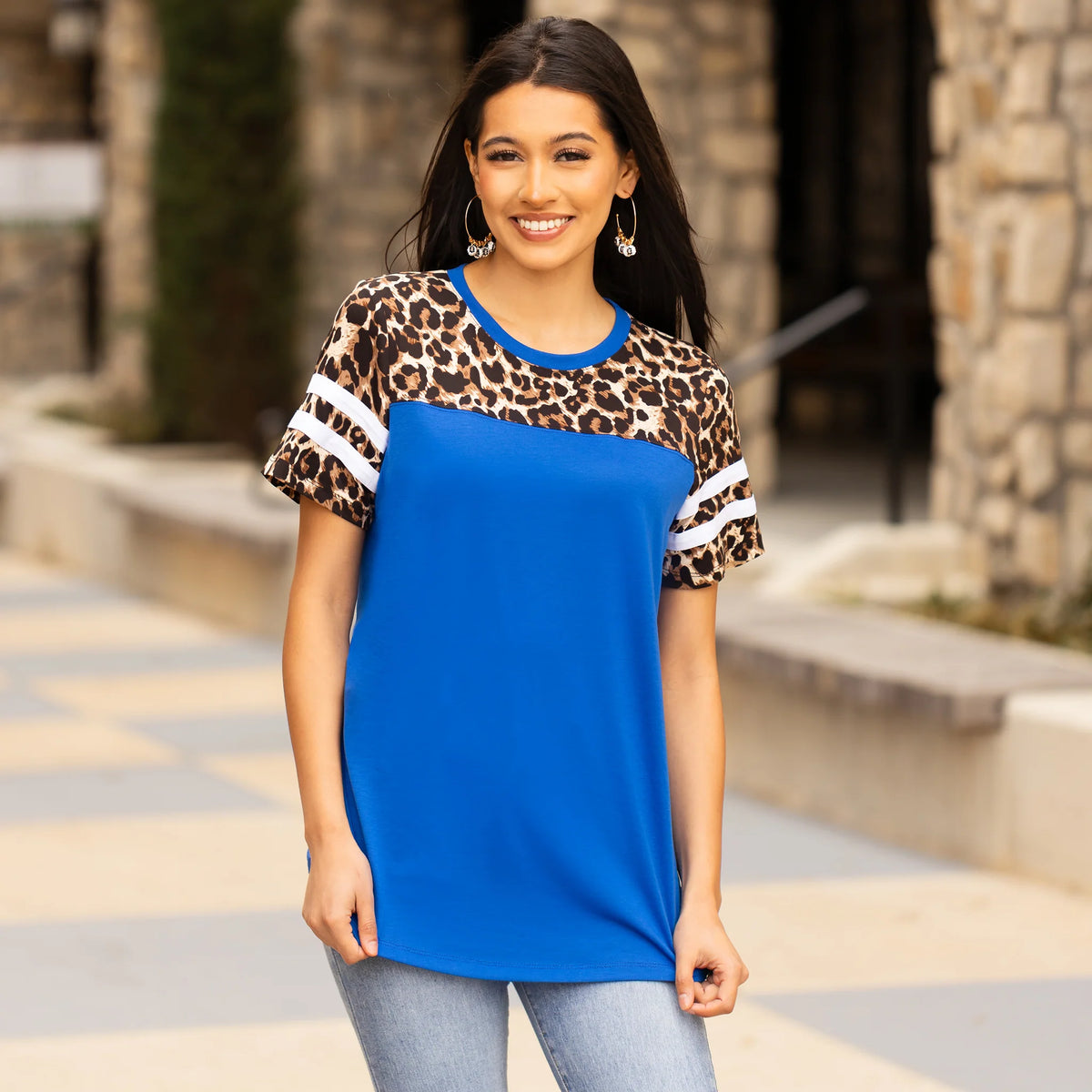Sunshine & Redeo Half Sleeve Leopard Top with Stripes - Blue