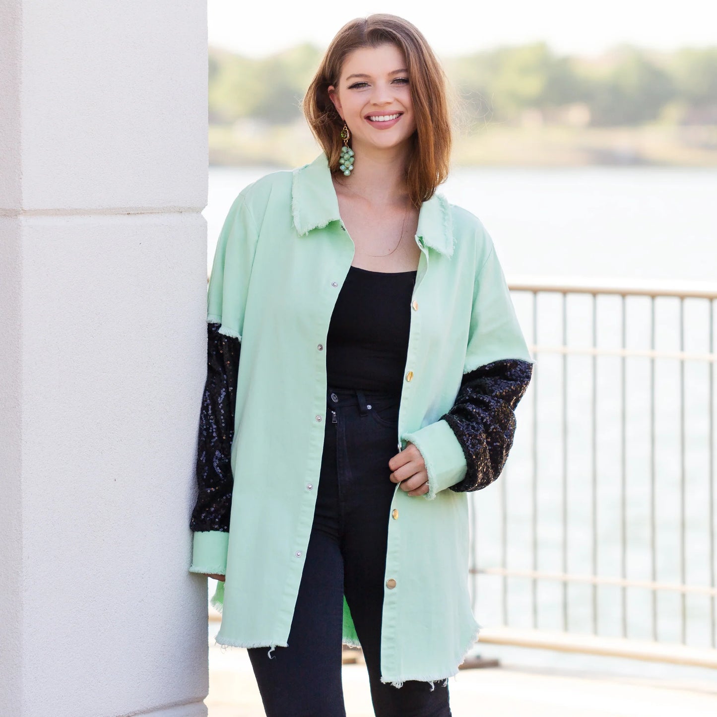 Shacket with Sequin Sleeves - Mint
